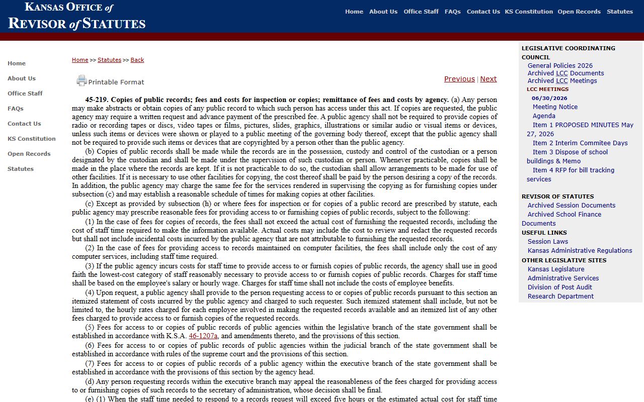 Bourbon County Clerk records copy fee statute