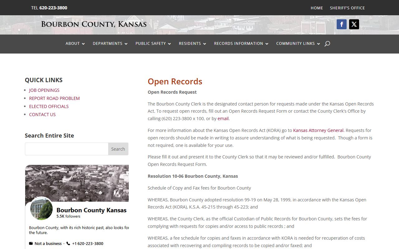 Bourbon County Clerk open records request page