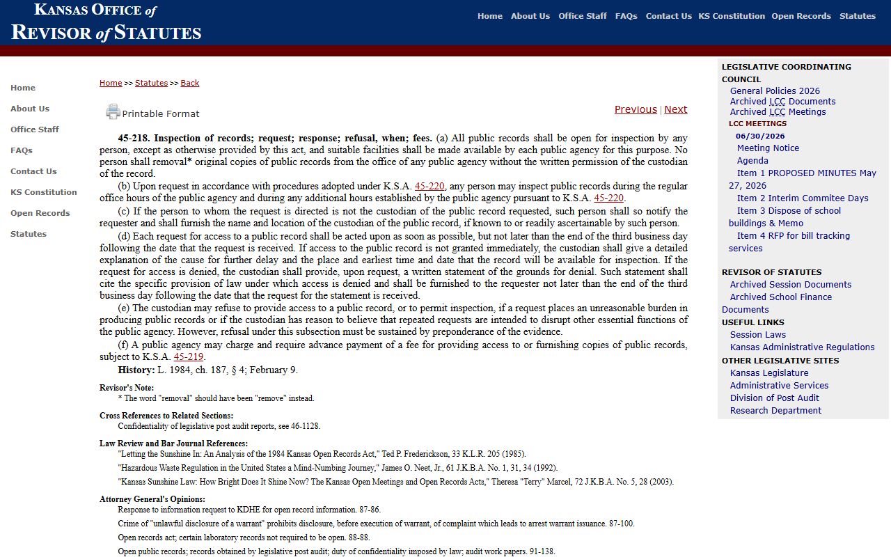 Bourbon County Clerk records inspection statute