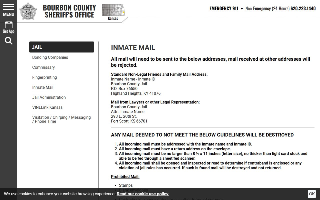 Bourbon County inmate mail rules and addresses