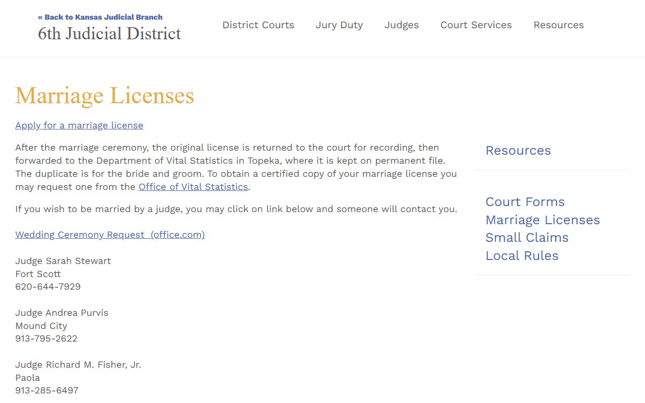 Bourbon County marriage records and Kansas 6th Judicial District marriage license resource