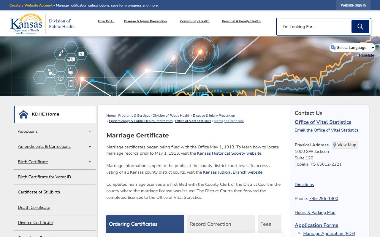 Bourbon County marriage records KDHE marriage certificate ordering page