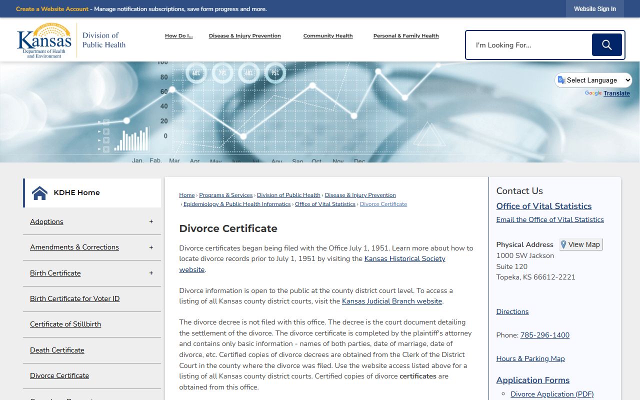 Bourbon County divorce records KDHE divorce certificate ordering page